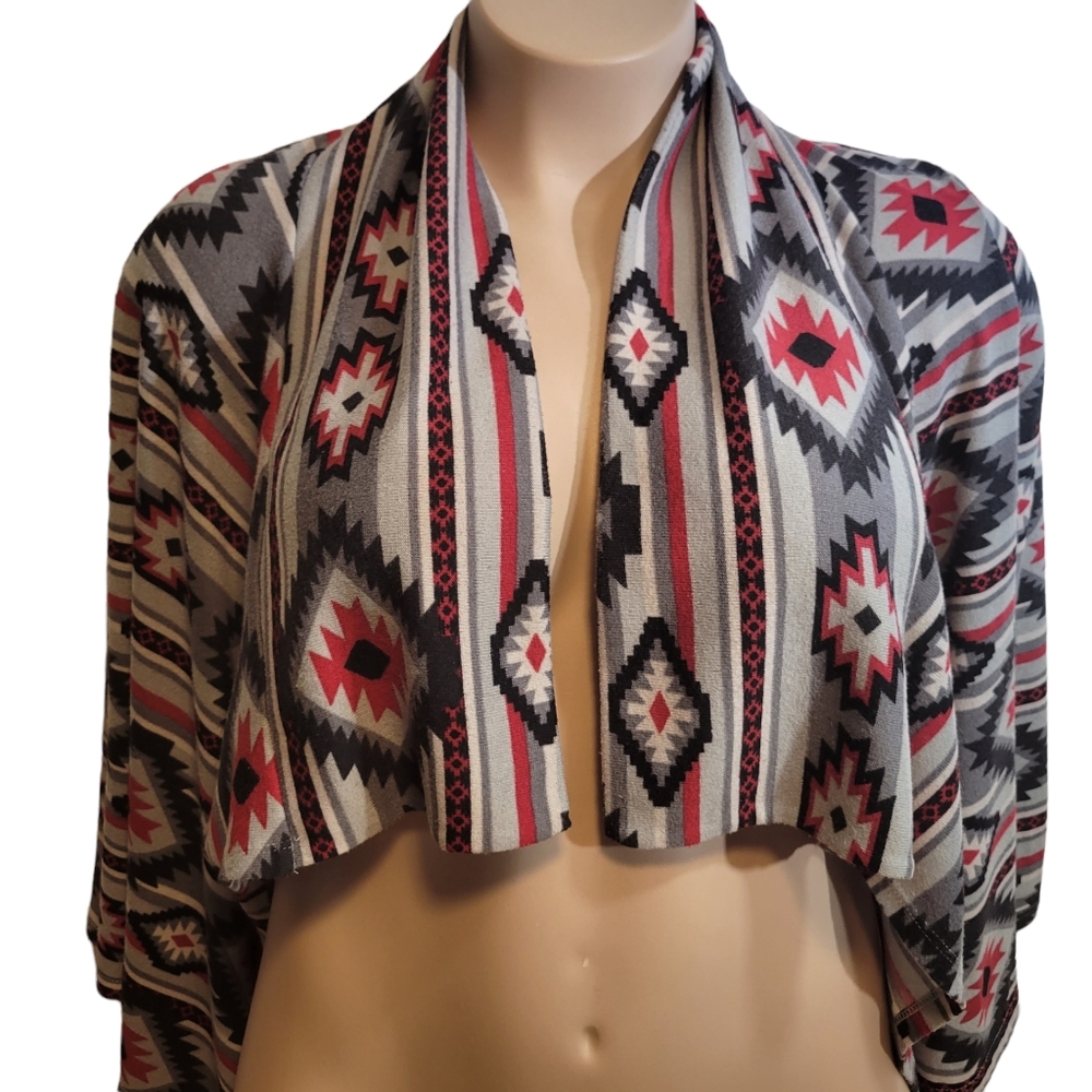 Aztec Drape Cardigan Sz S Ambiance Apparel Short Shawl Long Sleeve Scarf Neck